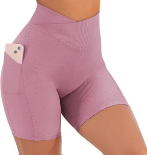 Yuerlian Women Seamless Booty Biker Shorts Cross Workout Shorts 5" High Waisted Shorts with Pockets