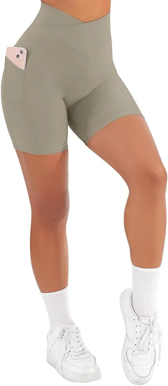 Yuerlian Women Seamless Booty Biker Shorts Cross Workout Shorts 5" High Waisted Shorts with Pockets
