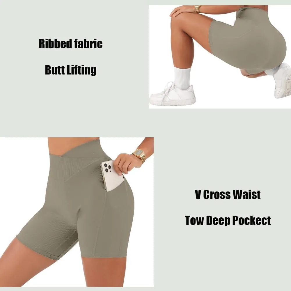 Yuerlian Women Seamless Booty Biker Shorts Cross Workout Shorts 5" High Waisted Shorts with Pockets